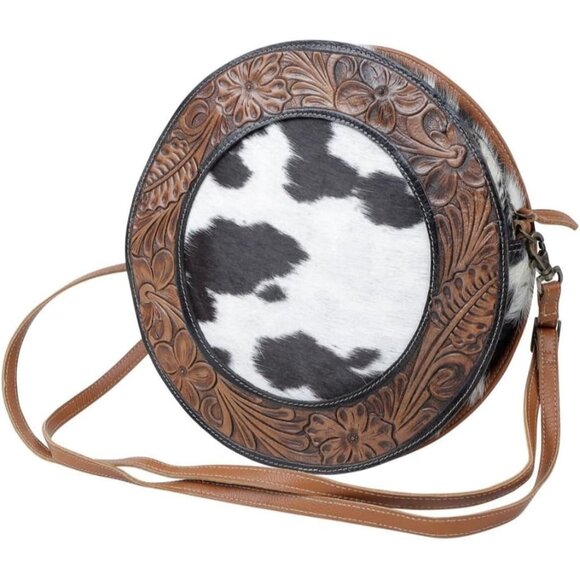 Roundle Women's Western Cowhide Leather Crossbody Bag S-4945 Floral Tooled Desig - Picture 2 of 6